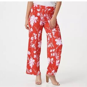 Isaac Mizrahi Pebble Knit Wide-Leg Pants Red/Orange Floral_Womens_1X